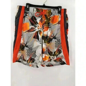 Nike Swim Hawaiian Gray/Orange Shorts Lined Drawstring Waist Pockets Size LARGE